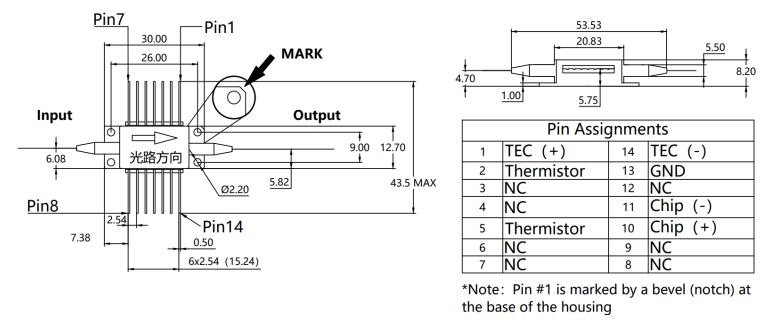 SOA,蝶形器件,保偏,1310nm,半导体光放大器,结构尺寸,管脚定义