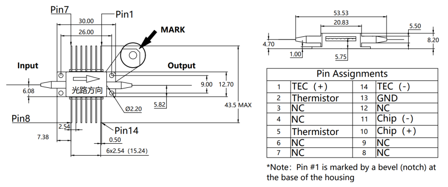 SOA,蝶形器件,保偏,1310nm,半导体光放大器,结构尺寸,管脚定义